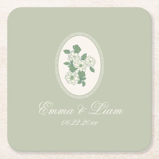 Sage Green Custom Wedding Paper Coasters スクエアペーパーコースター (正面)