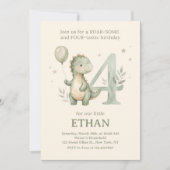 Sage Green Cute Dinosaur 4th Birthday 招待状 (正面)