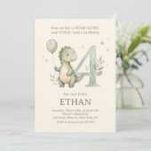 Sage Green Cute Dinosaur 4th Birthday 招待状 (スタンド正面)