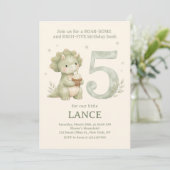 Sage Green Cute Dinosaur 5th Birthday 招待状 (スタンド正面)