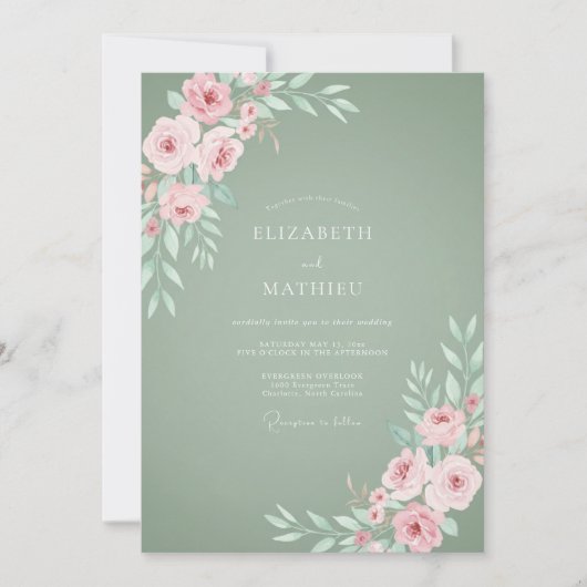 Sage Green Dainty Rose Wedding 招待状 (正面)