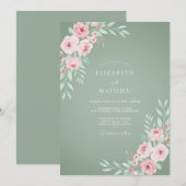 Sage Green Dainty Rose Wedding 招待状 (正面/裏面)