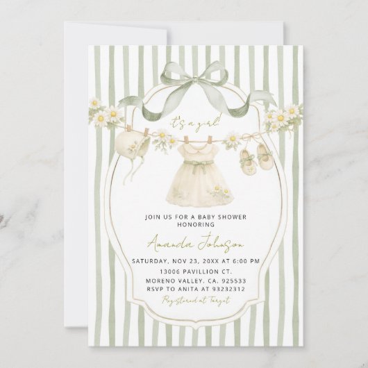 Sage Green Daisy Clothesline Baby Shower Invite 招待状 (正面)