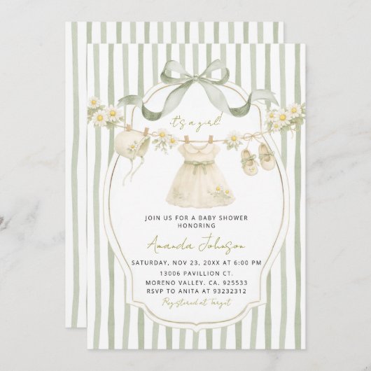 Sage Green Daisy Clothesline Baby Shower Invite 招待状 (正面/裏面)