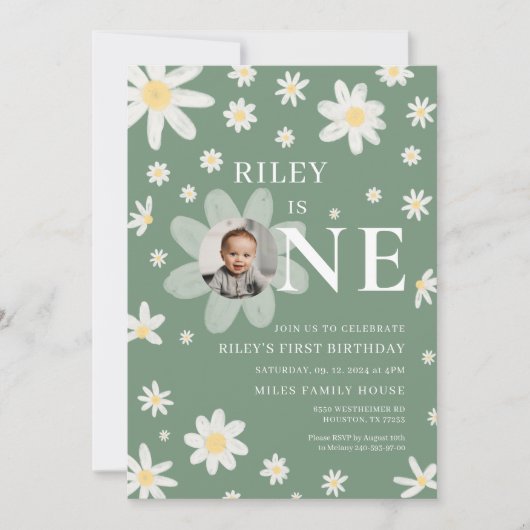 Sage Green Daisy First 1st Birthday Photo 招待状 (正面)