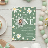 Sage Green Daisy First 1st Birthday Photo 招待状