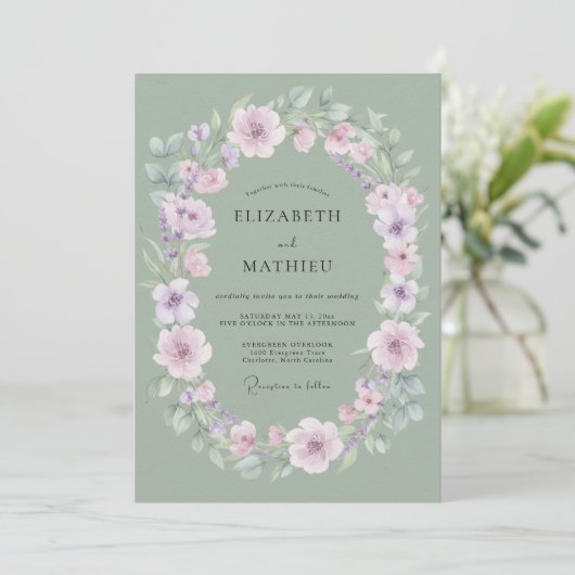 Sage Green Delicate Floral Wedding 招待状 (スタンド正面)