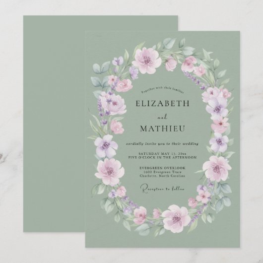 Sage Green Delicate Floral Wedding 招待状 (正面/裏面)