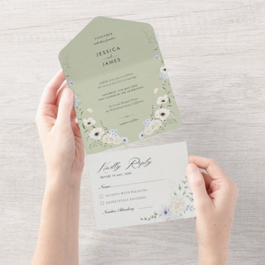 Sage Green | Detachable RSVP | Minimalist Wedding オールインワン招待状 (貼ってはがせる)