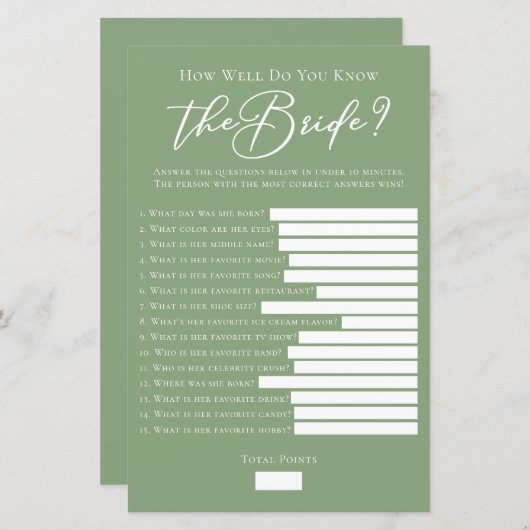 Sage Green Do You Know the Bride Well Shower Game (正面/裏面)