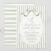 Sage Green Dove Baptism First Birthday 招待状 (正面/裏面)