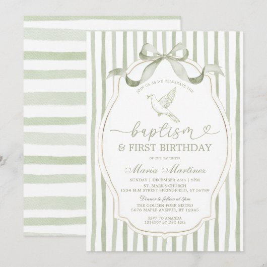 Sage Green Dove Baptism First Birthday 招待状 (正面/裏面)