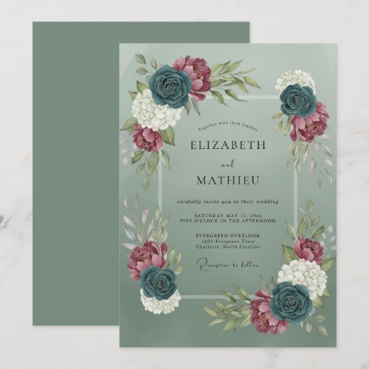 Sage Green Dramatic Botanical Wedding 招待状 (正面/裏面)