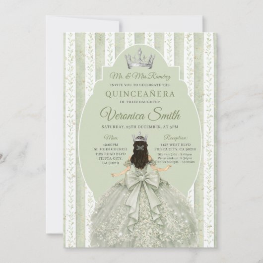 Sage Green Dress with Bow Quinceañera Birthday 招待状 (正面)