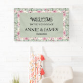 Sage Green Dusty Rose Floral Wedding Welcome 横断幕 (インサイチュ)