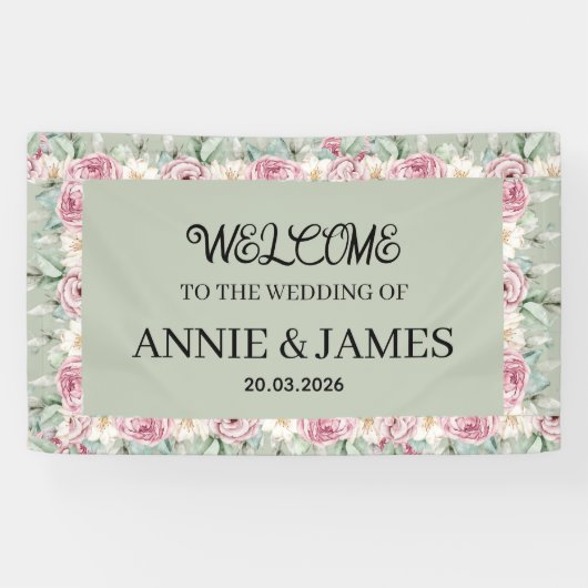 Sage Green Dusty Rose Floral Wedding Welcome 横断幕 (横)