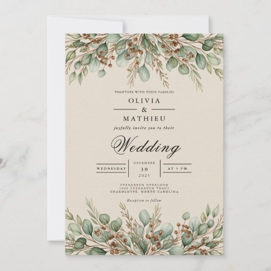 Sage Green Earthy Eucalyptus Wedding 招待状 (正面)