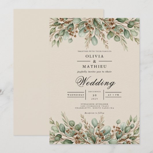 Sage Green Earthy Eucalyptus Wedding 招待状 (正面/裏面)