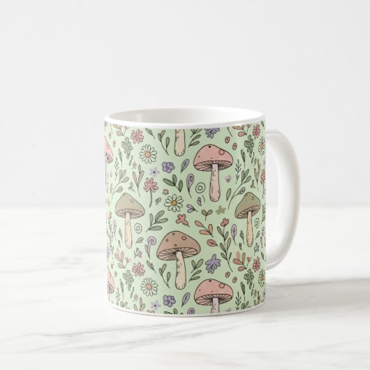 Sage Green Earthy Mushroom Seamless Pattern コーヒーマグカップ (正面右)