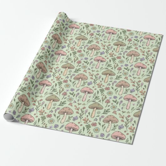 Sage Green Earthy Mushroom Seamless Pattern ラッピングペーパー (アンロールド)