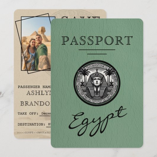 Sage Green Egypt Passport Wedding Save the Date セーブザデート (正面/裏面)