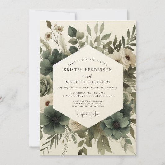 Sage Green Elegant Anemone Wedding 招待状 (正面)