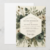 Sage Green Elegant Anemone Wedding 招待状 (正面/裏面)