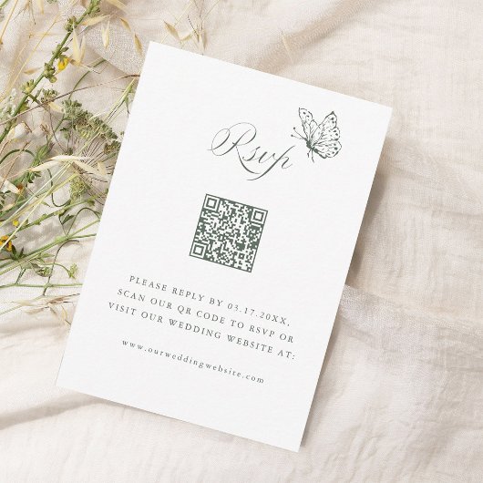 Sage Green Elegant Calligraphy Wedding QR Code 出欠カード
