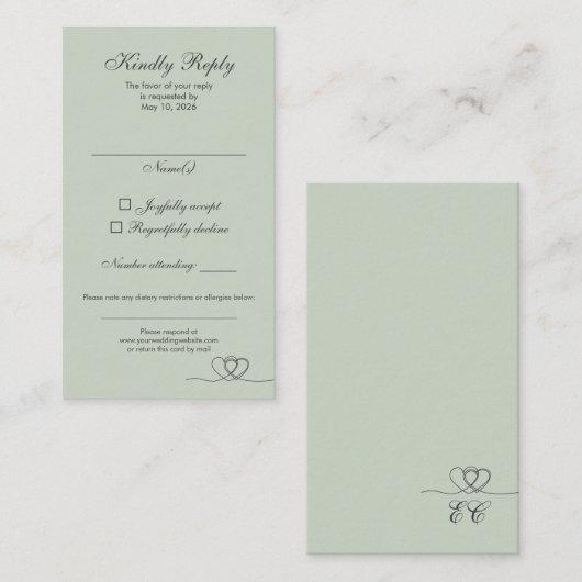 Sage Green Elegant Calligraphy Wedding RSVP Card 名刺 (正面/裏面)