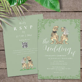 Sage Green Elegant Dinosaur Wedding QR Code 招待状