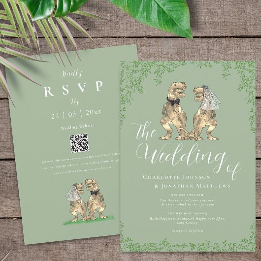 Sage Green Elegant Dinosaur Wedding QR Code 招待状