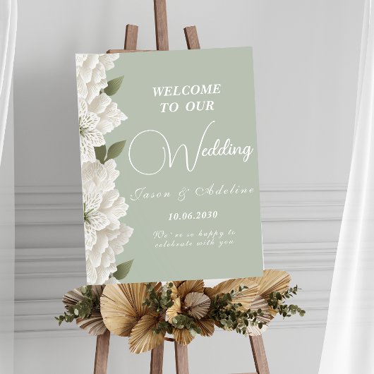 Sage Green Elegant Embossed Floral Wedding Sign ポスター