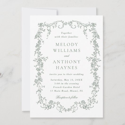 Sage Green Elegant French Floral Wedding  招待状 (正面)