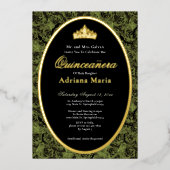 Sage Green Elegant Gold Floral Quinceanera   箔招待状 (正面)