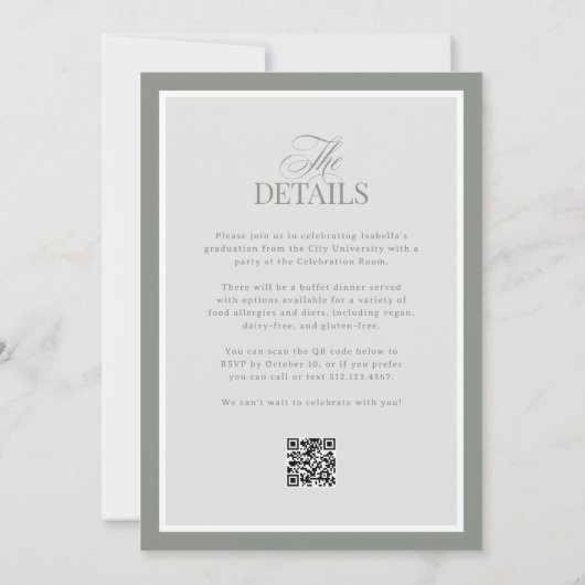 Sage Green Elegant Graduation Party | RSVP QR Code 招待状 (裏面)