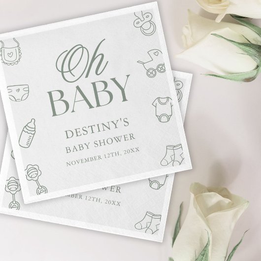 Sage Green Elegant Hand Drawn Baby Shower スタンダードカクテルナプキン