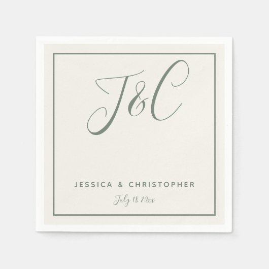 Sage Green Elegant Minimalist Monogram Initials スタンダードカクテルナプキン (正面)