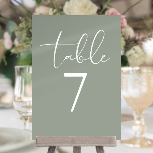 Sage Green Elegant Modern Script Table Number 招待状