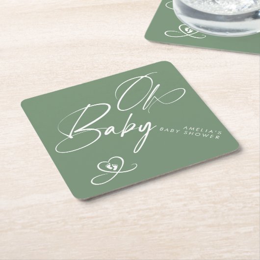 Sage Green Elegant Script Oh Baby Baby Shower ペーパーコースター (アングル)