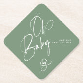 Sage Green Elegant Script Oh Baby Baby Shower ペーパーコースター (正面)
