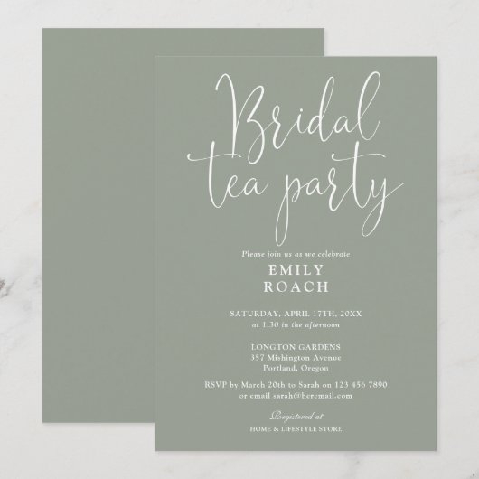 Sage Green elegant script wedding tea party invita 招待状 (正面/裏面)