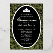 Sage Green Elegant Silver Floral Quinceanera   箔招待状 (正面)