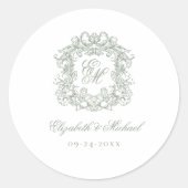 Sage Green Elegant Vintage Monogram Crest Wedding ラウンドシール (正面)