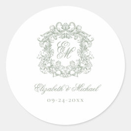 Sage Green Elegant Vintage Monogram Crest Wedding ラウンドシール