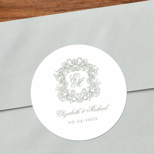 Sage Green Elegant Vintage Monogram Crest Wedding ラウンドシール
