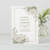 Sage Green Engraved Peony Gold Frame Wedding 招待状 (スタンド正面)