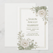 Sage Green Engraved Peony Gold Frame Wedding 招待状 (正面/裏面)