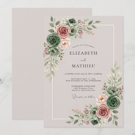 Sage Green Enthralling Succulent Wedding 招待状 (正面/裏面)