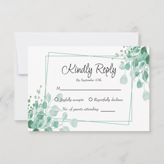 Sage Green Eucalyptusエレガント Greenery RSVPカード (正面)