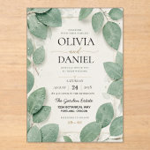 Sage Green Eucalyptus Dewdrop Botanical Leaves アクリル招待状 (正面)